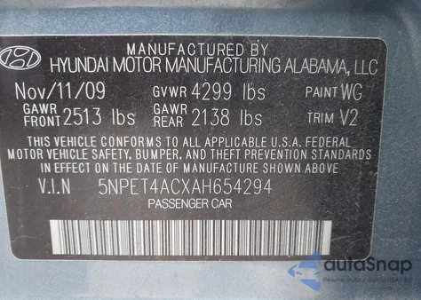 2010 Hyundai Sonata Gls z USA, uszkodzony, nr VIN 5NPET4ACXAH654294